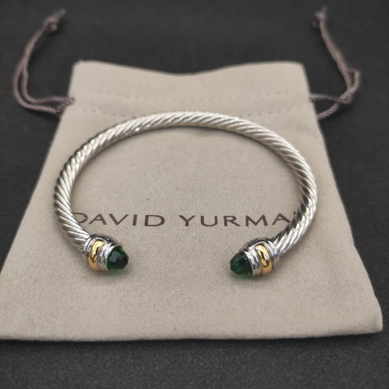 David Yurman Silver Cable Wire Bangle with Emerald Beads